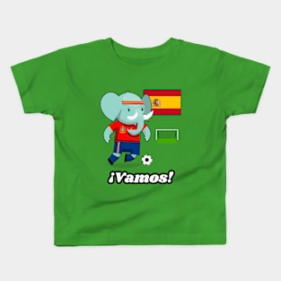 ⚽ Spain Football, Cute Elephant Scores a Goal, ¡Vamos! Team Spirit Kids T-Shirt